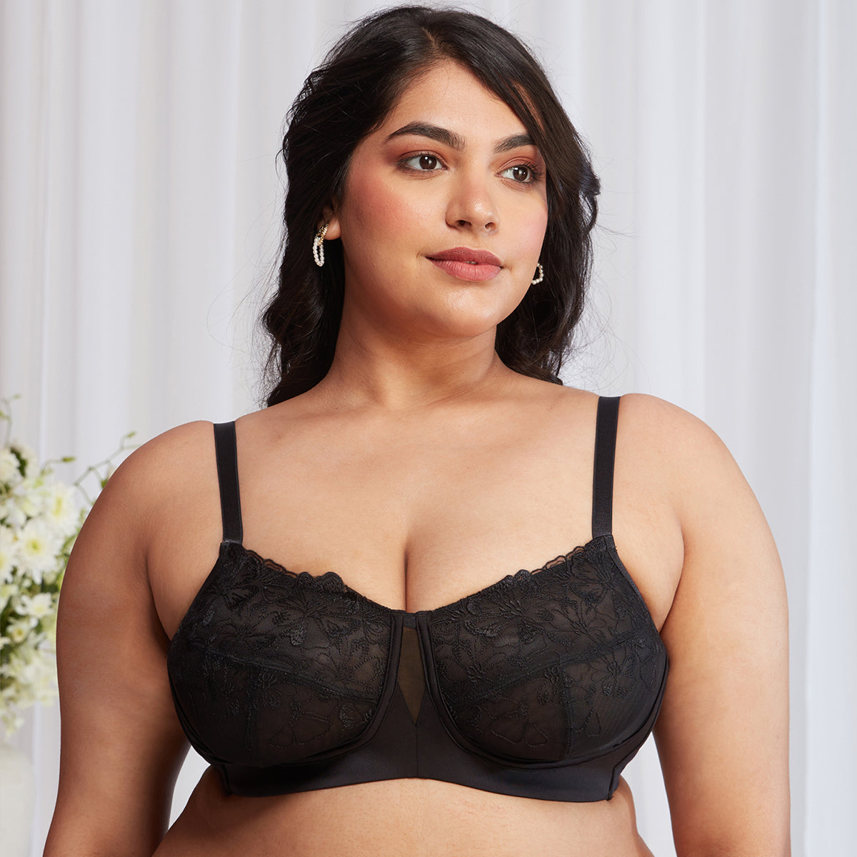 Floral Mesh Wirefree Non-padded Bra-Black NYB230