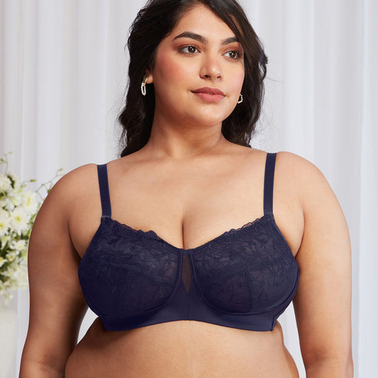 Floral Mesh Wirefree Non-padded Bra-Navy NYB230