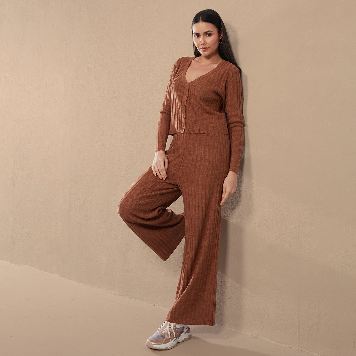 Ribbed Flare Pants NYLE113-Light Brown