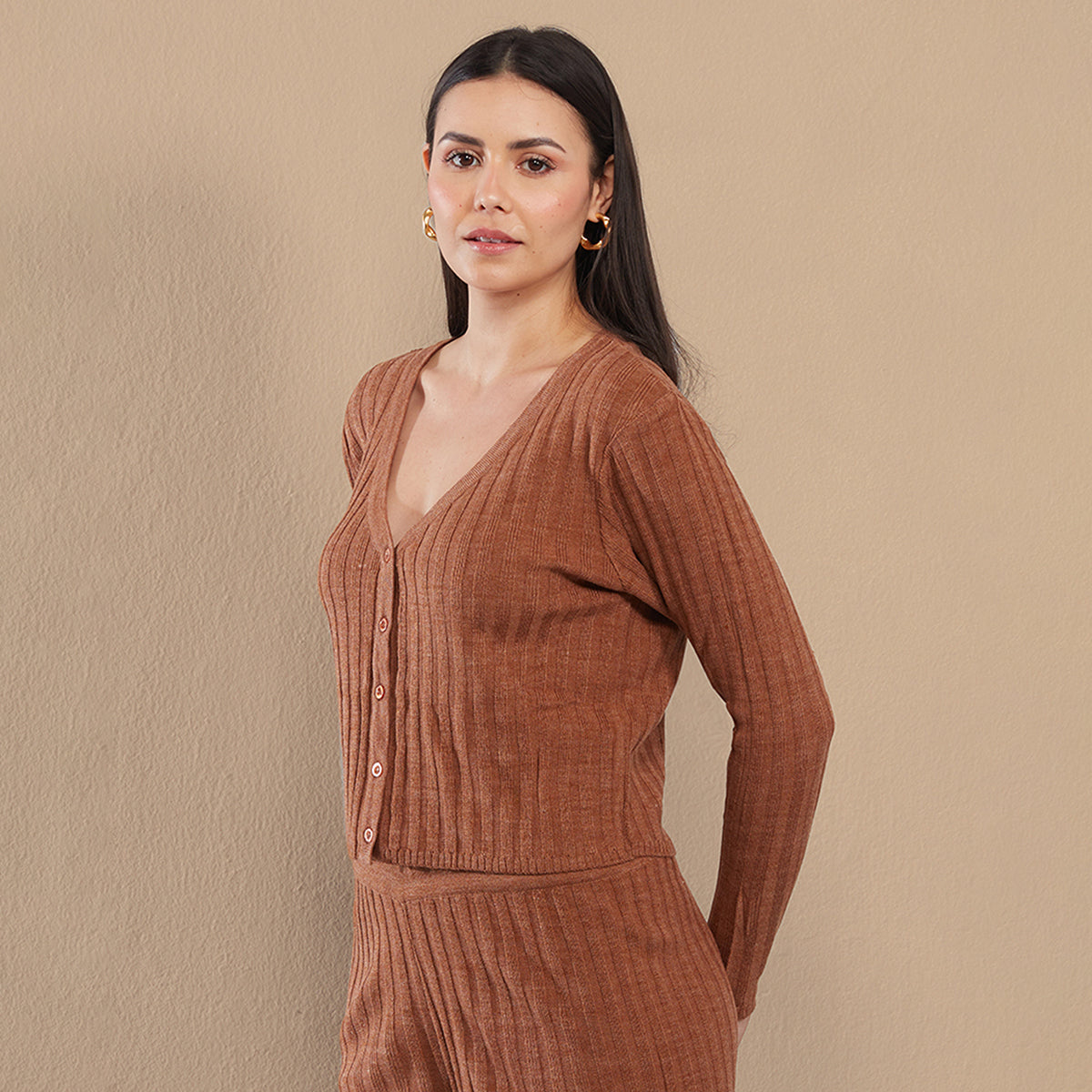 Ribbed Comfy Cardigan Top NYLE116-Light Brown