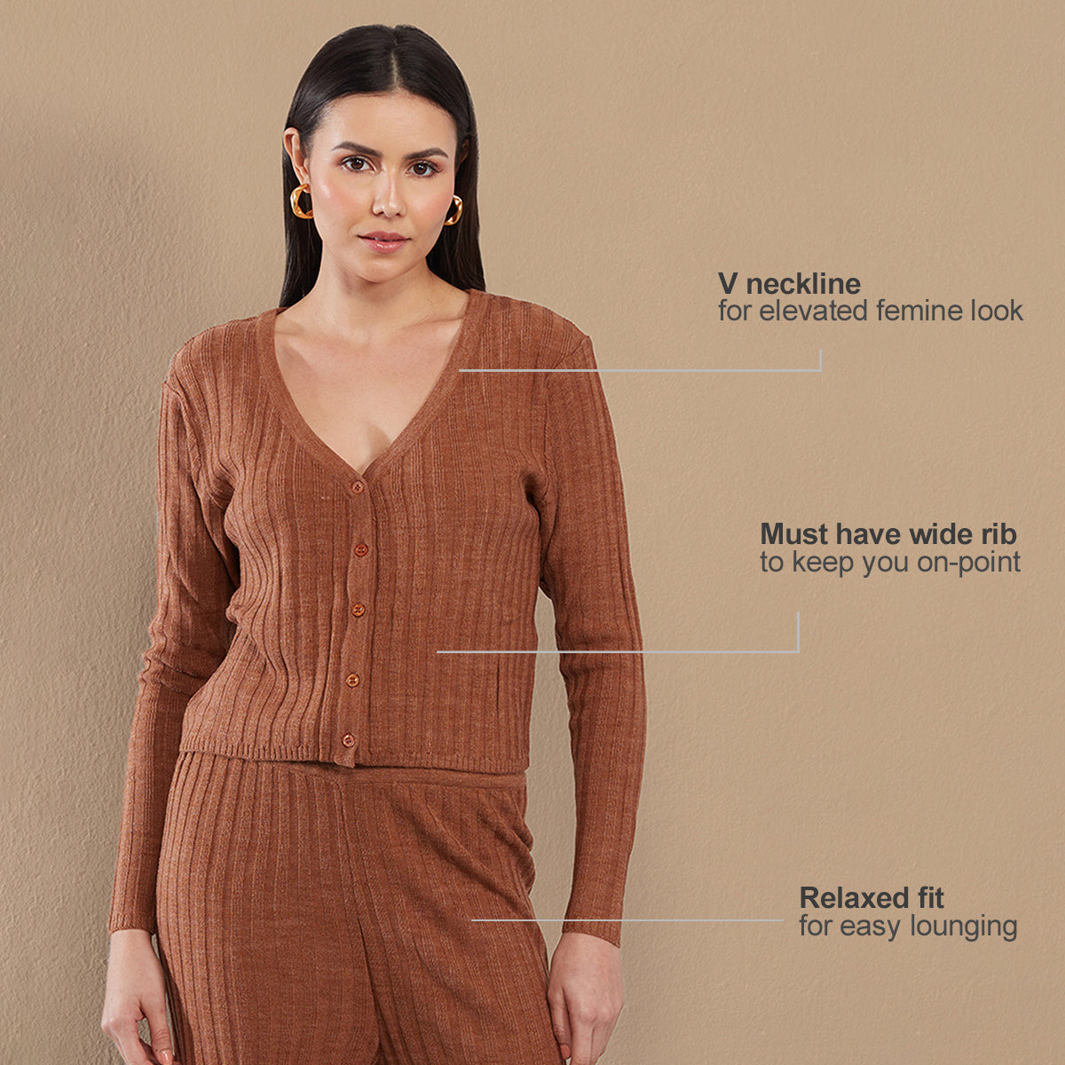 Ribbed Comfy Cardigan Top NYLE116-Light Brown