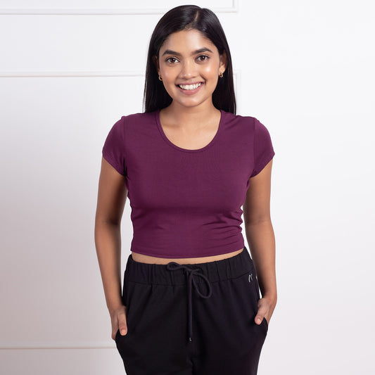 Nykd All Day Essential Modal Short Sleeve Crop Top- NYOE011 Potent Purple