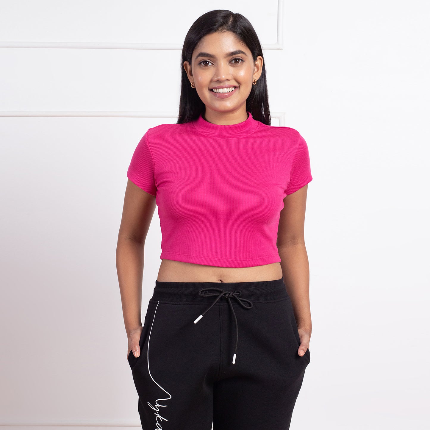 Nykd All Day Solid Ribbed Crop Top-NYOE07 Fuchsia Rose