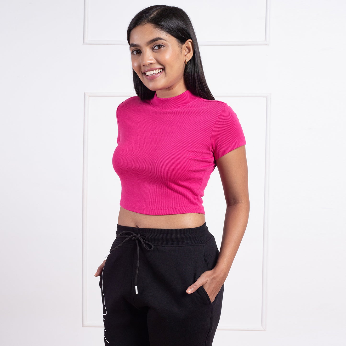 Nykd All Day Solid Ribbed Crop Top-NYOE07 Fuchsia Rose