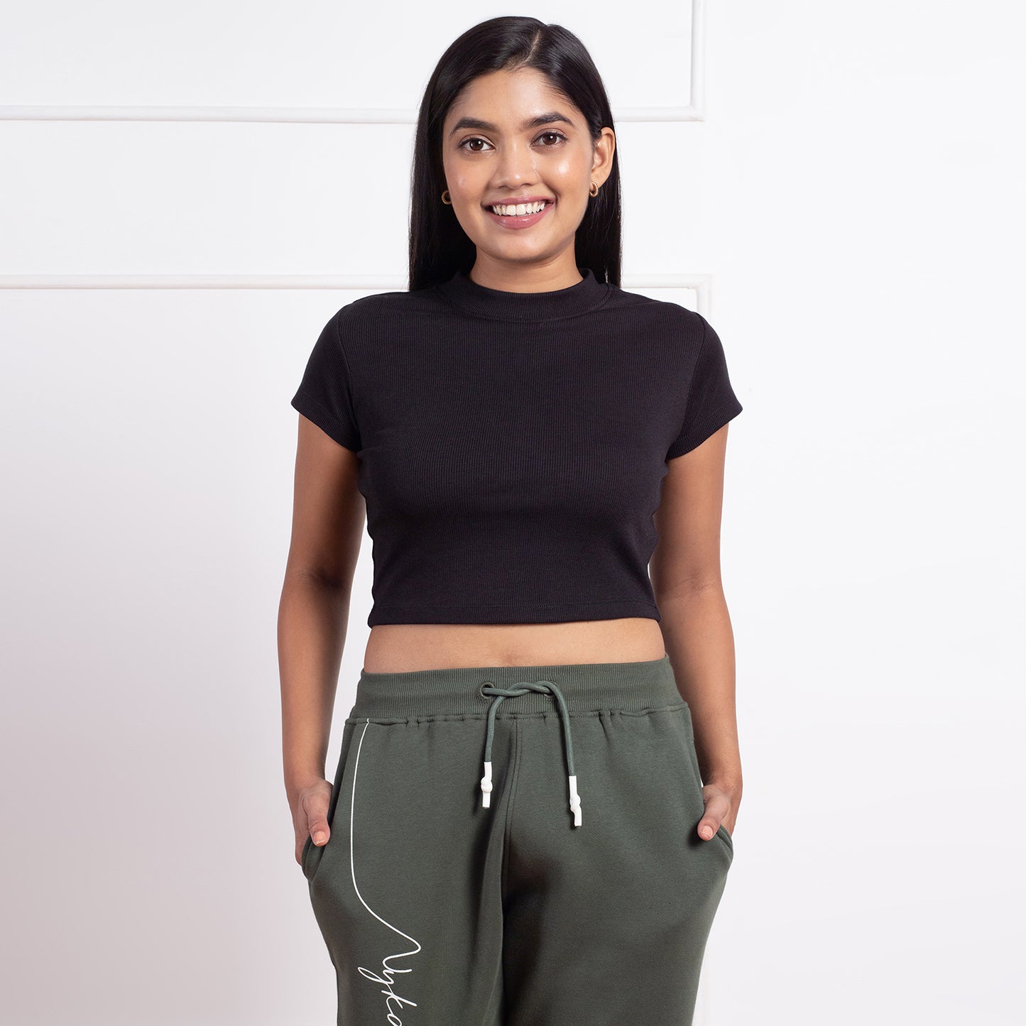 Nykd All Day Solid Ribbed Crop Top- NYOE07 Jet Black