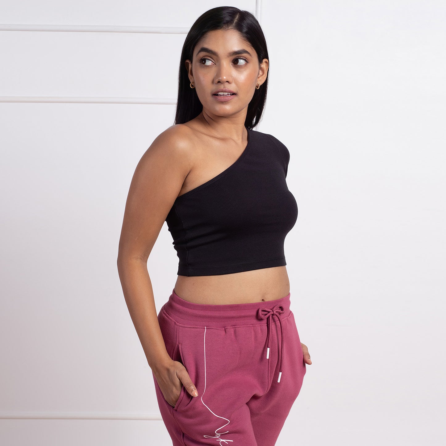 Nykd All Day One Shoulder Trendy Ribbed Crop Top- NYOE09 Jet Black