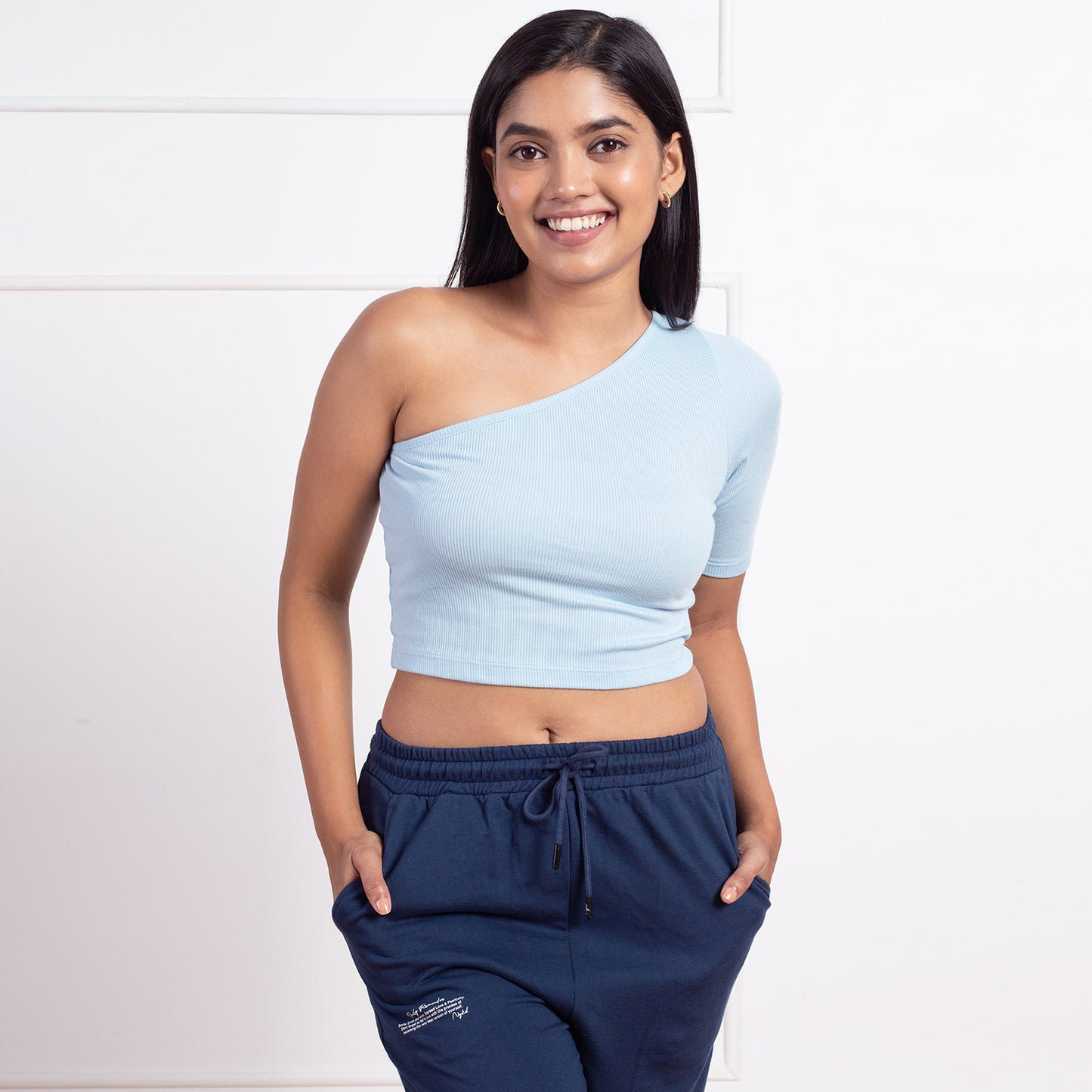 Nykd All Day One Shoulder Trendy Ribbed Crop Top- NYOE09 Nantucket Breeze