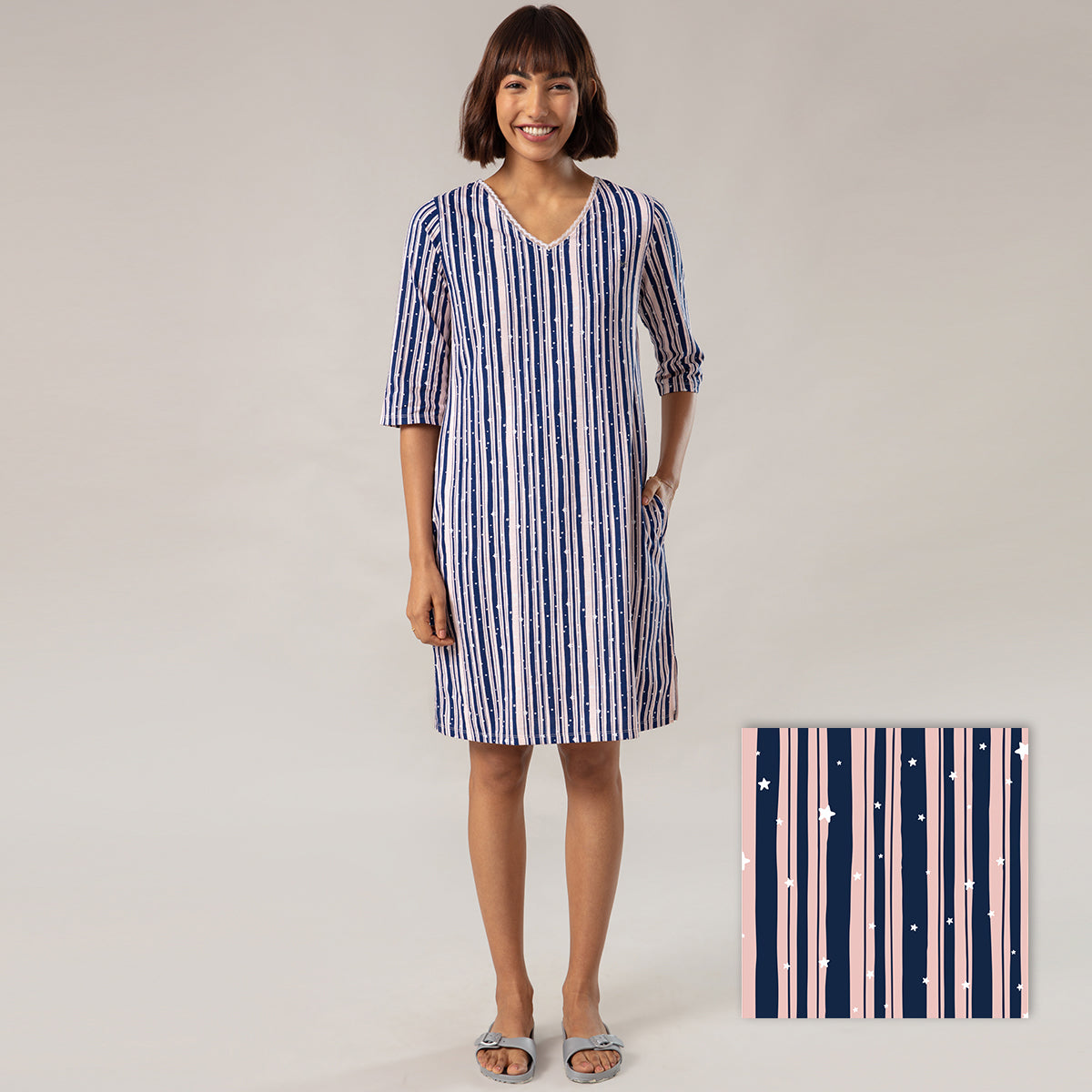 Printed Paradise Comfy Printed Sleep Dress - NYS009 Stripe Heart